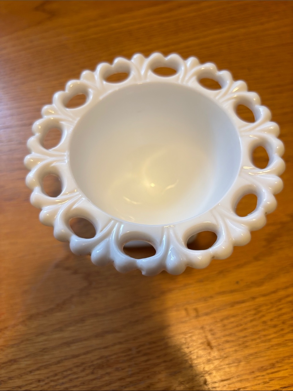 Vintage White Milk Glass Pedestal  Lace-Edge Candy Dish. 1960s